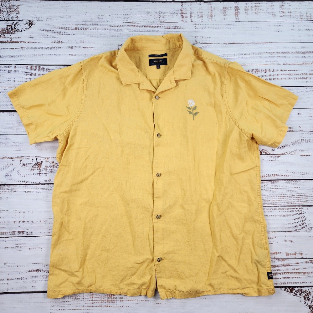 Roark Gonzo Organic Cotton Linen SS Shirt Mens XL Yellow Rose Embroidered